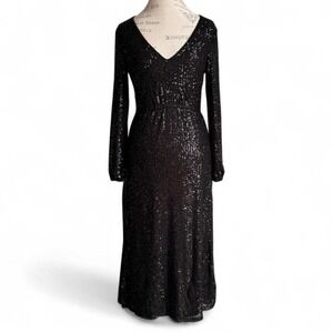 Y2K Betsey Johnson Sequin Long Sleeve Maxi Dress Gown‎ w/ Side Slit